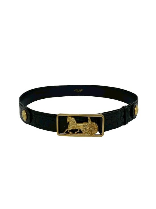 Celine Vintage Horse Carriage Logo Buckle Leather Belt Black